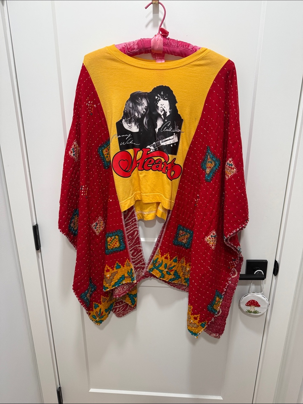 Heart Graphic Yellow Upcycled Tee with Red Patterned Shawl Sleeves